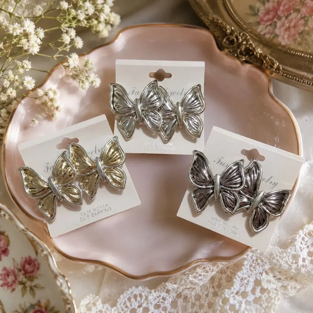 Butterfly Clip On Earrings Lot of 3, Gold Silver Tone, Statement Y2K Jewelry